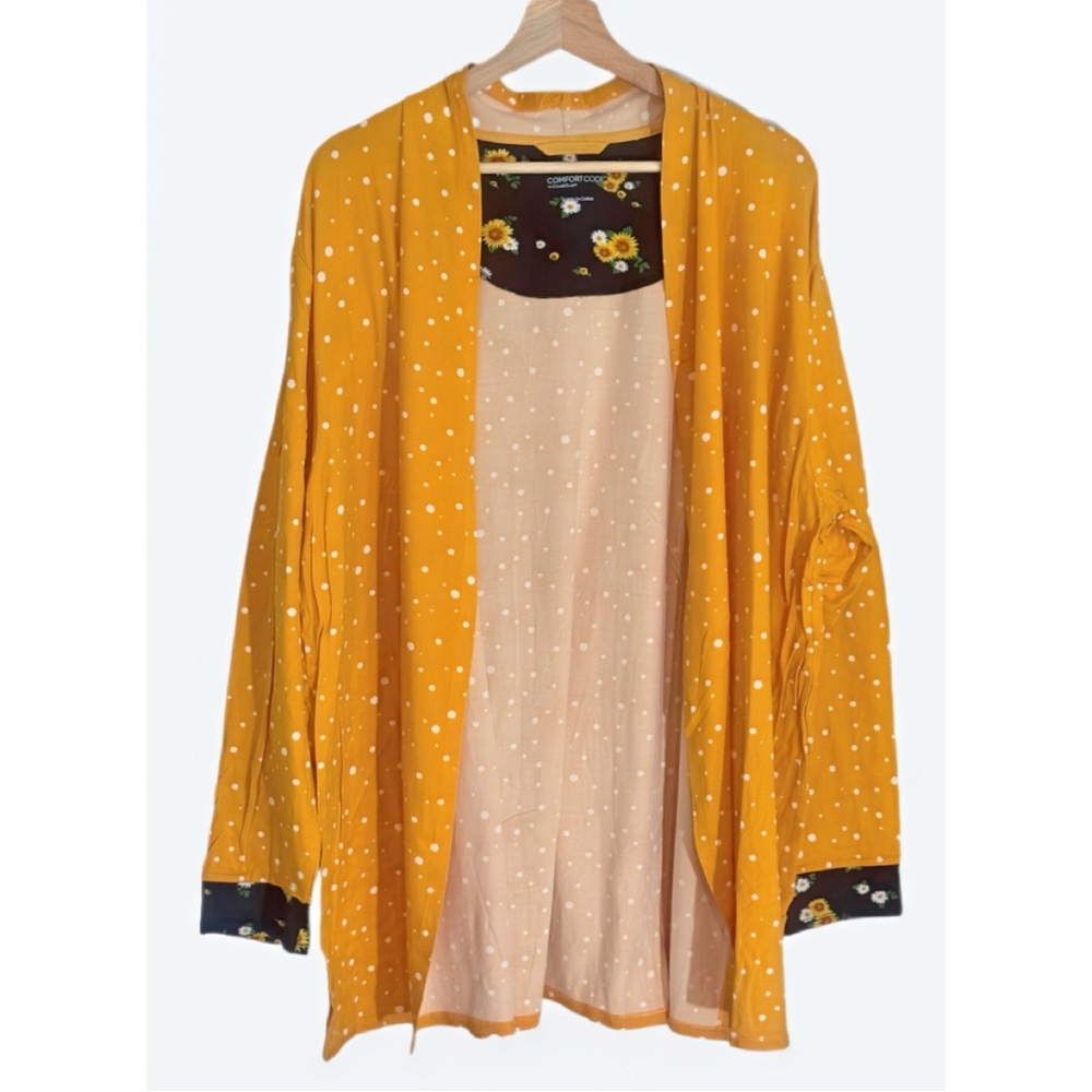 Comfort Code 3/4 Sleeve Open Cardigan Yellow White Dots Sunflower Plus size 1X